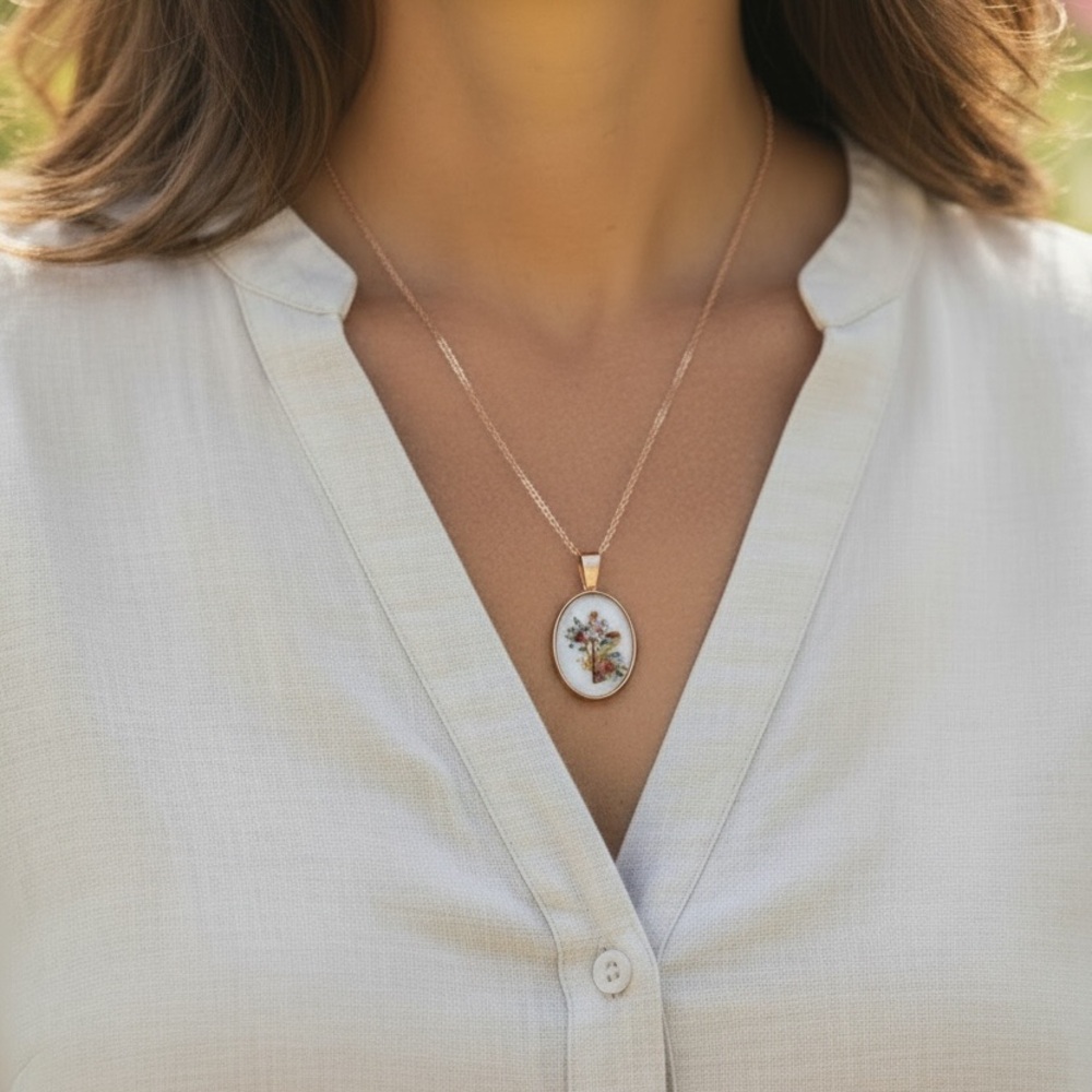 Floral Cross Oval Pendant Necklace in Rose Gold Easter cross